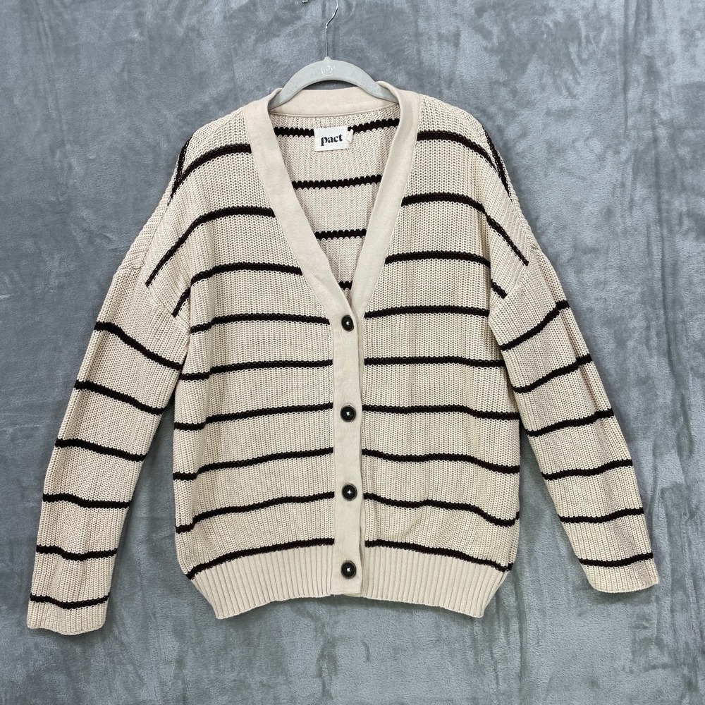 Pact Organic Cotton Knit Sweater Cardigan Size Large Ivory Brown Stripe Preppy